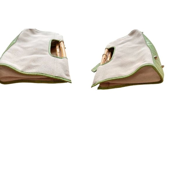 Vintage Etienne Aigner Canvas Leather Handbag Bamboo Handles Snap Closur… - Picture 5 of 12